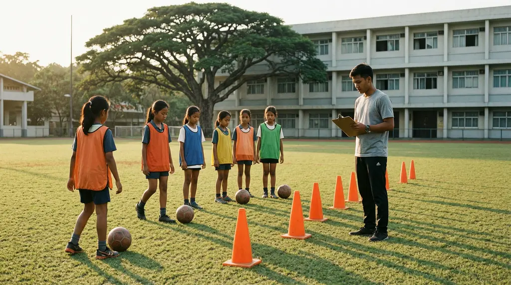 Kanak-kanak perempuan berbib menggelecek bola antara kon oren di padang sekolah, jurulatih memegang papan klip.