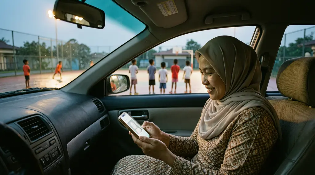 Seorang ibu berbaju kurung tersenyum melihat telefonnya di dalam kereta ketika menunggu anak.